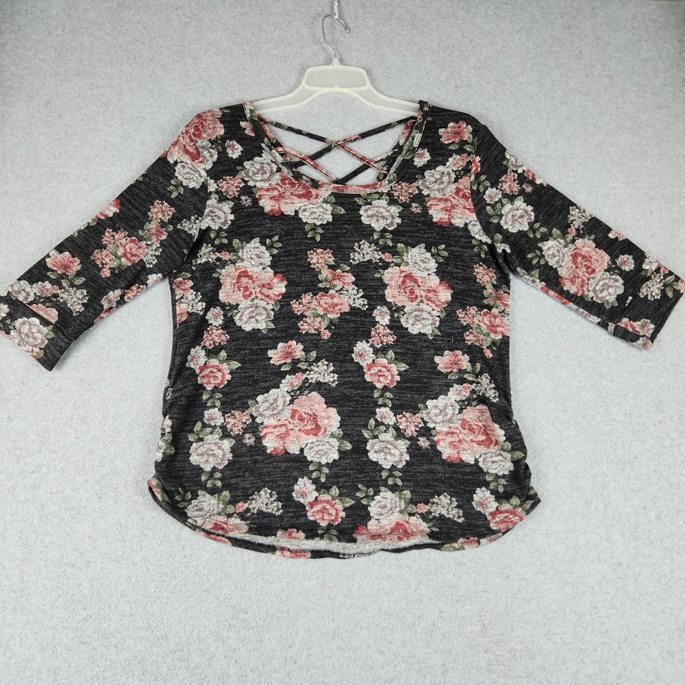 No Boundaries Blouse Top Womens XXL Gray Floral Boho Strappy Back 3/4 Sleeve‎